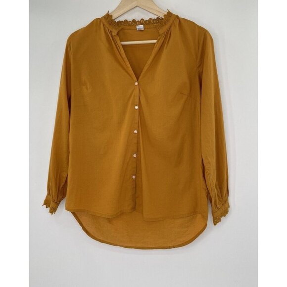 Old Navy Mustard‎ Yellow Lace Edge Long Sleeve Blouse Button Down Popover Sz XS - Picture 1 of 9